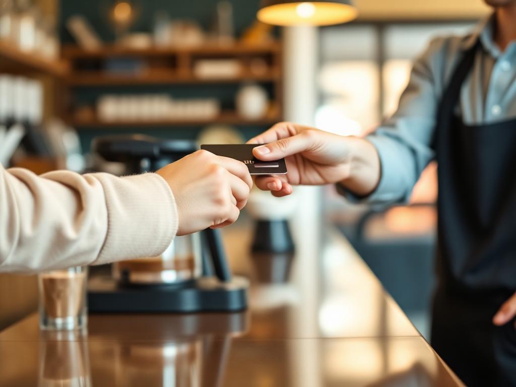 Customer handing a credit card to a shop employee across the counter
