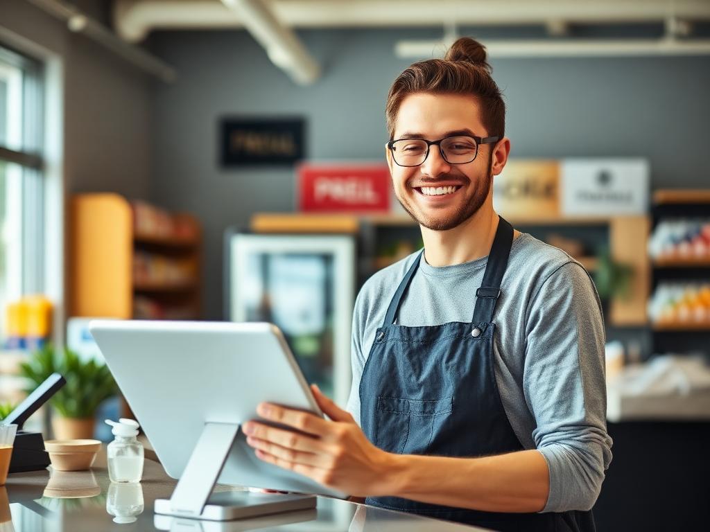 Shop owner using a tablet point-of-sale terminal at the counter
