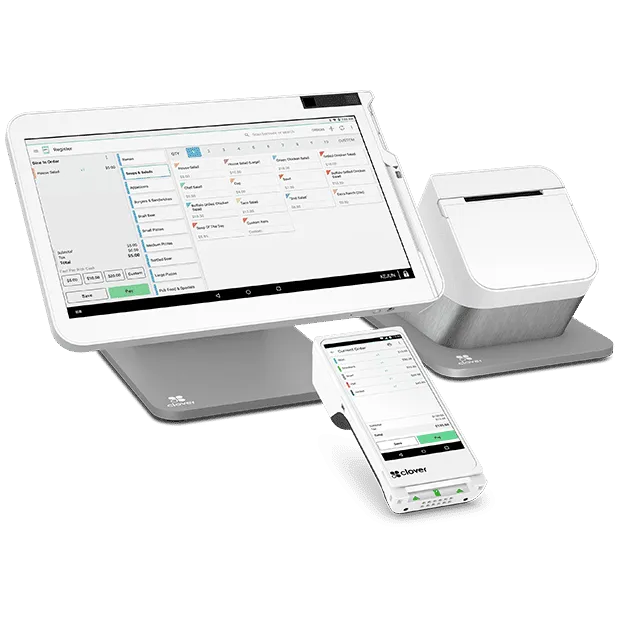 Restaurant point-of-sale register paired with a handheld terminal