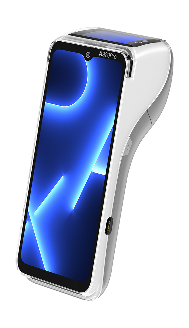 White PAX A920Pro handheld payment terminal shown at an angle