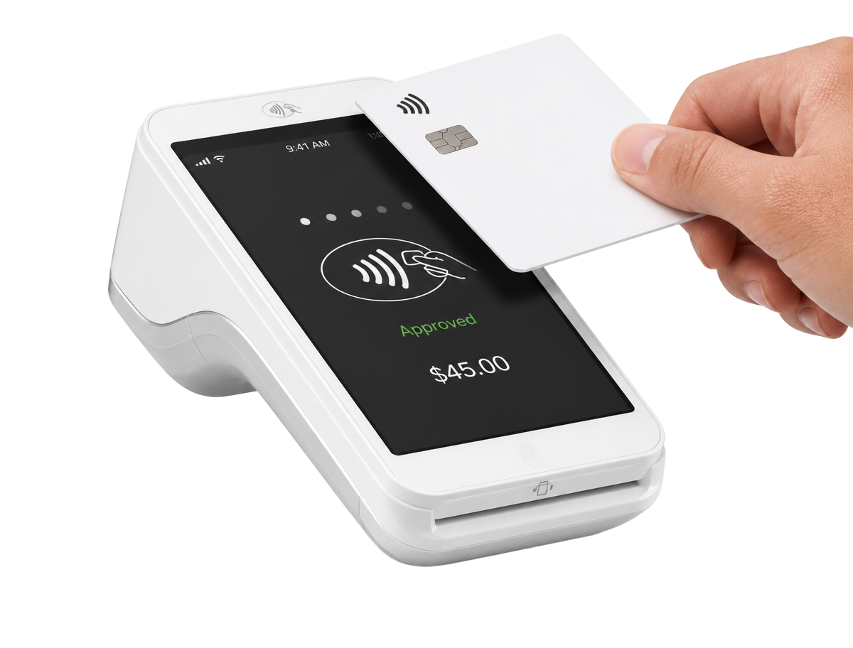 Contactless card being tapped on a Zero Processing Fees payment terminal
